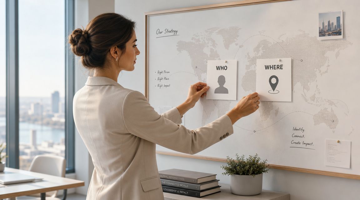 A professional woman pinning strategy notes about hiring international talent onto a large world map.