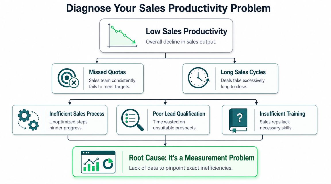 A diagnostic flowchart illustrating common causes of low sales productivity and the importance of data measurement.