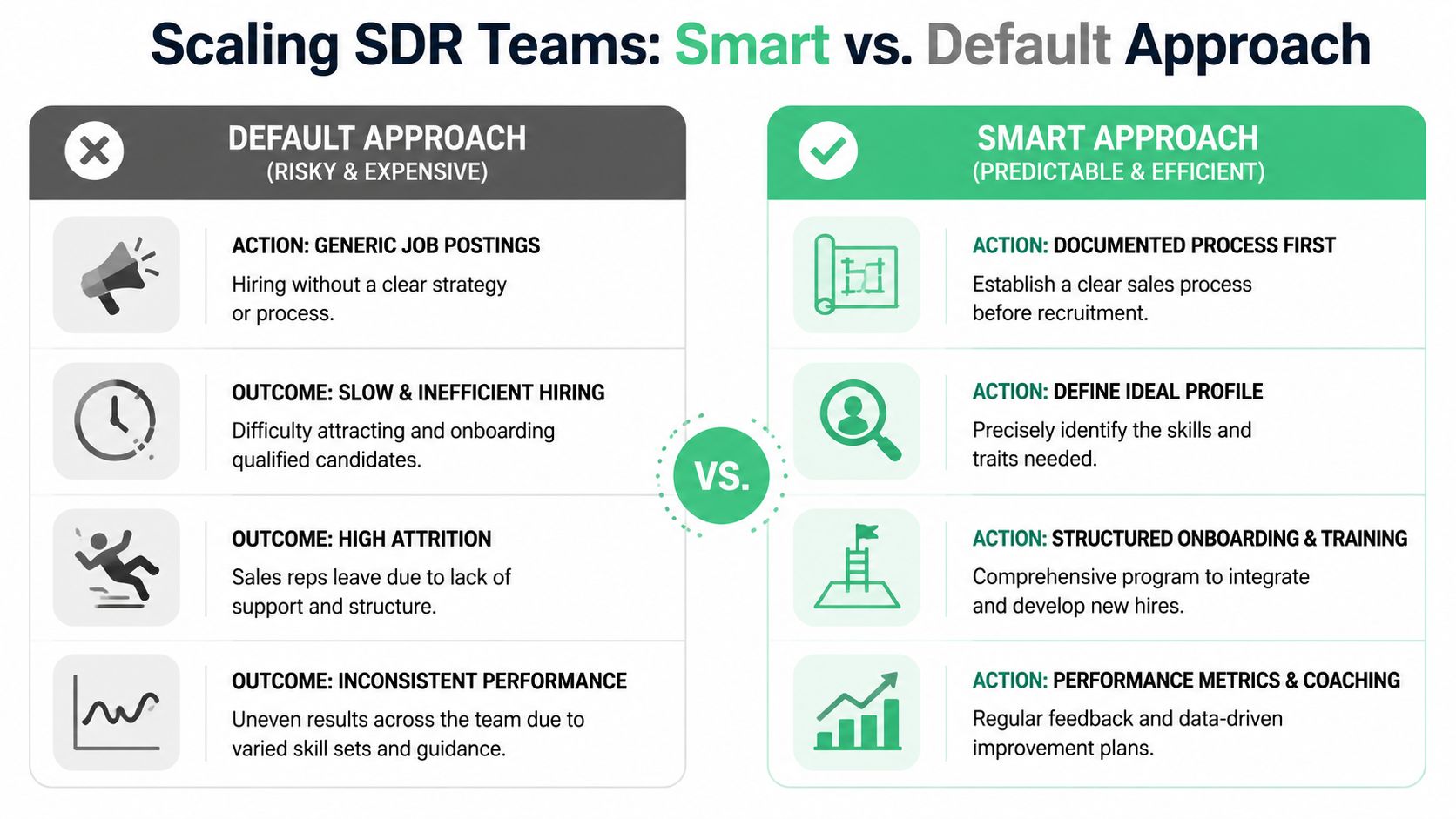 A comparison chart showing the differences between risky default and smart, efficient approaches to scaling SDR sales teams.