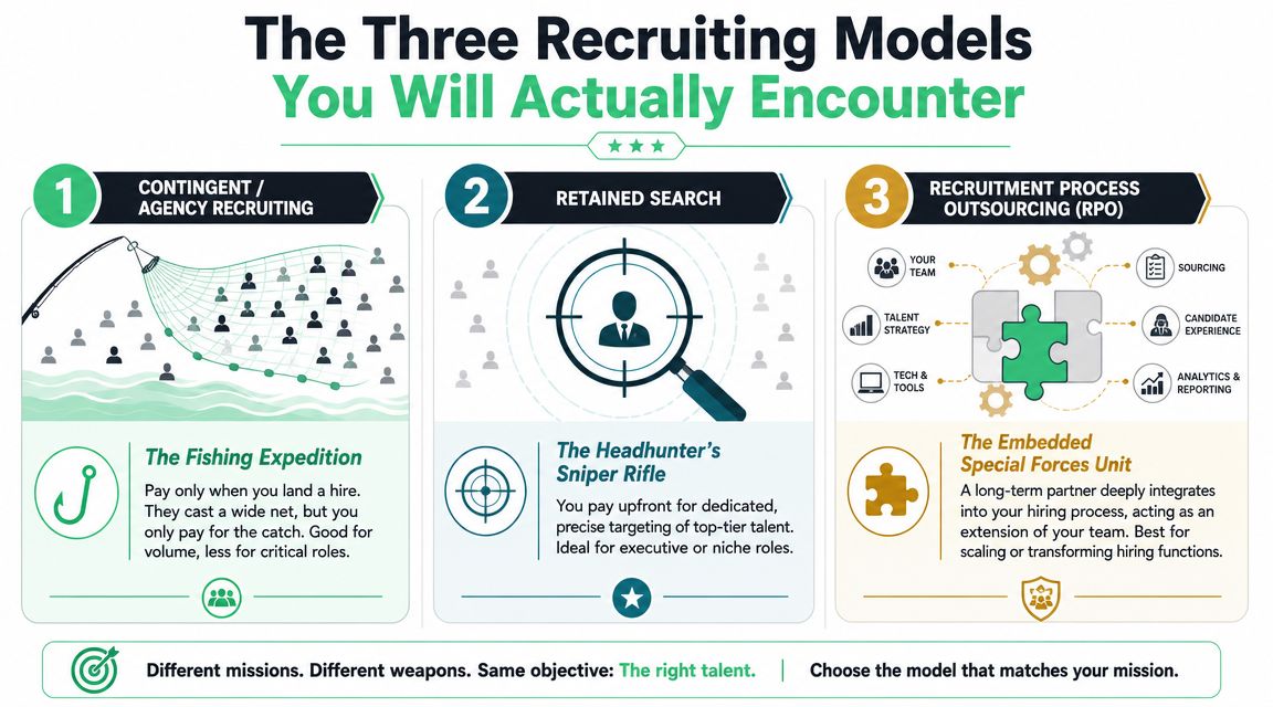 An infographic illustrating three distinct recruitment models: contingent agency recruiting, retained search, and recruitment process outsourcing.