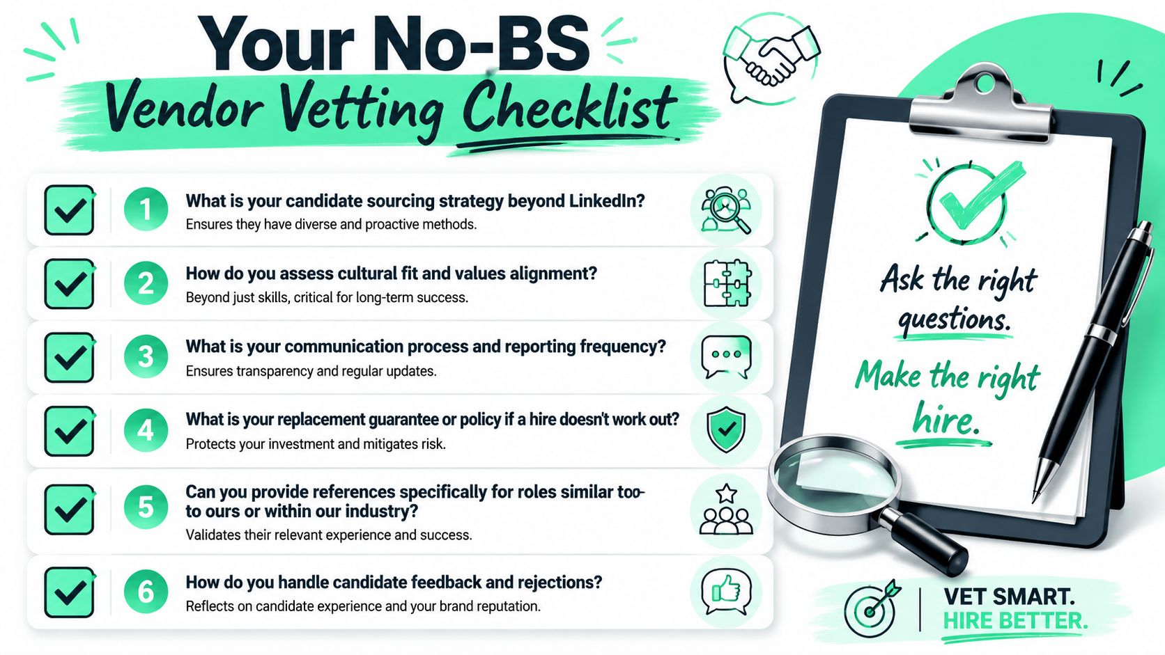 A checklist titled Your No-BS Vendor Vetting Checklist listing six essential questions for evaluating recruiting agencies.