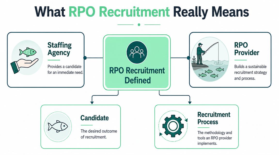A diagram illustrating the definition of RPO recruitment, comparing staffing agencies with RPO providers.