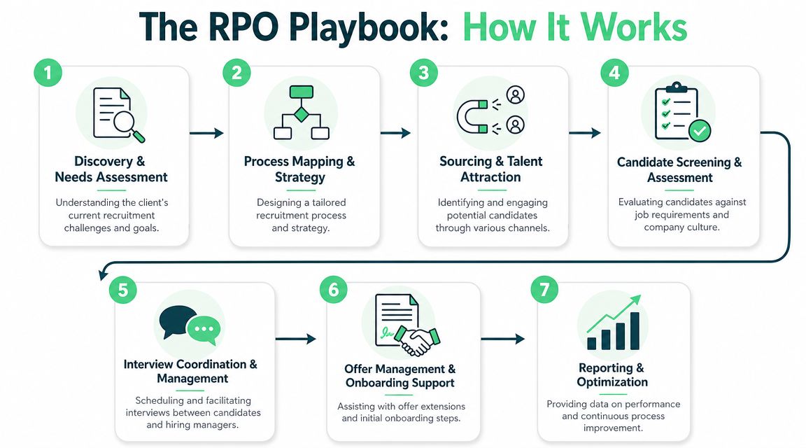 A seven-step flowchart infographic explaining how an RPO recruitment process works from discovery to reporting.