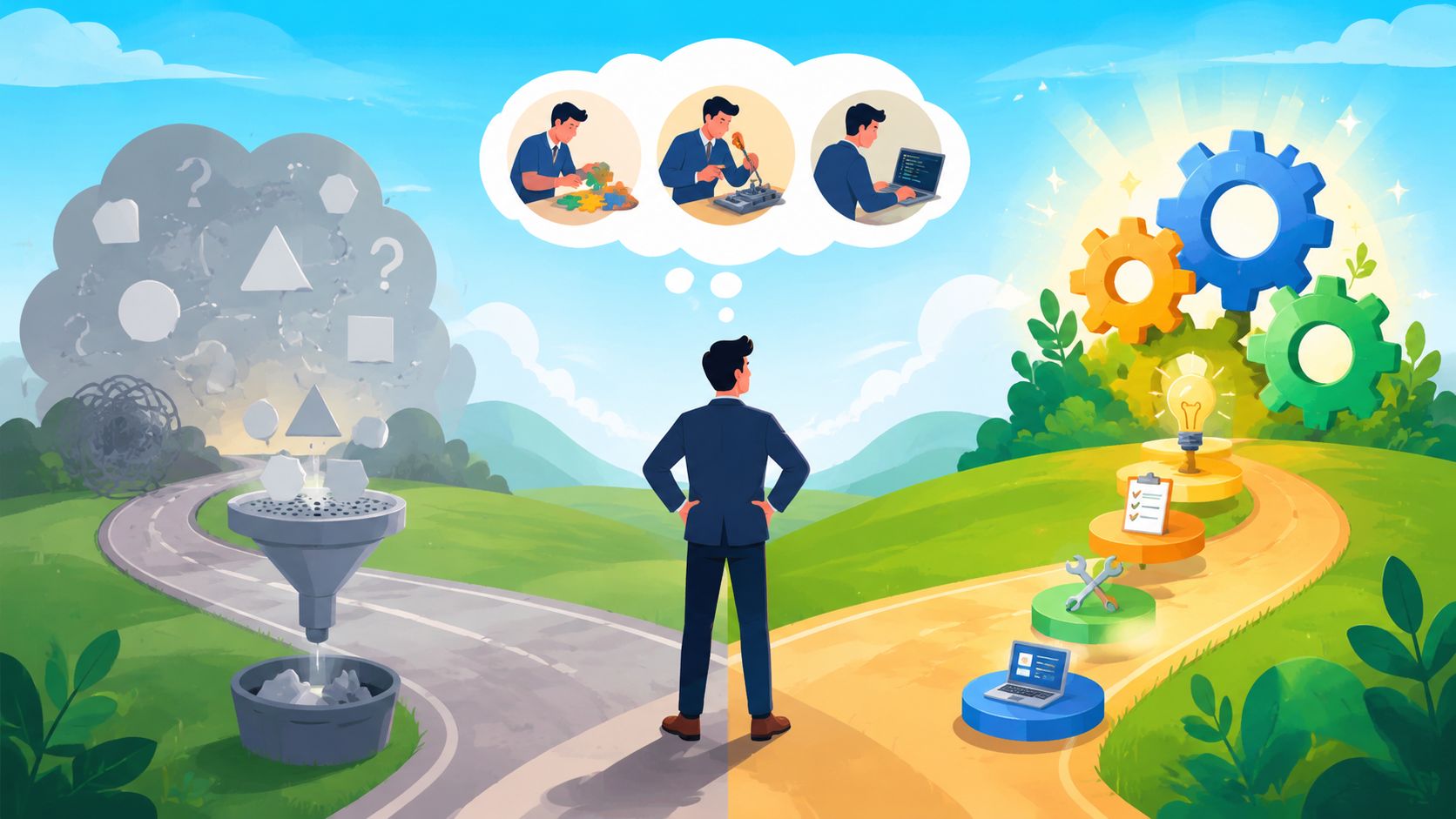 A businessman standing at a crossroads choosing between a chaotic path and an organized growth process.