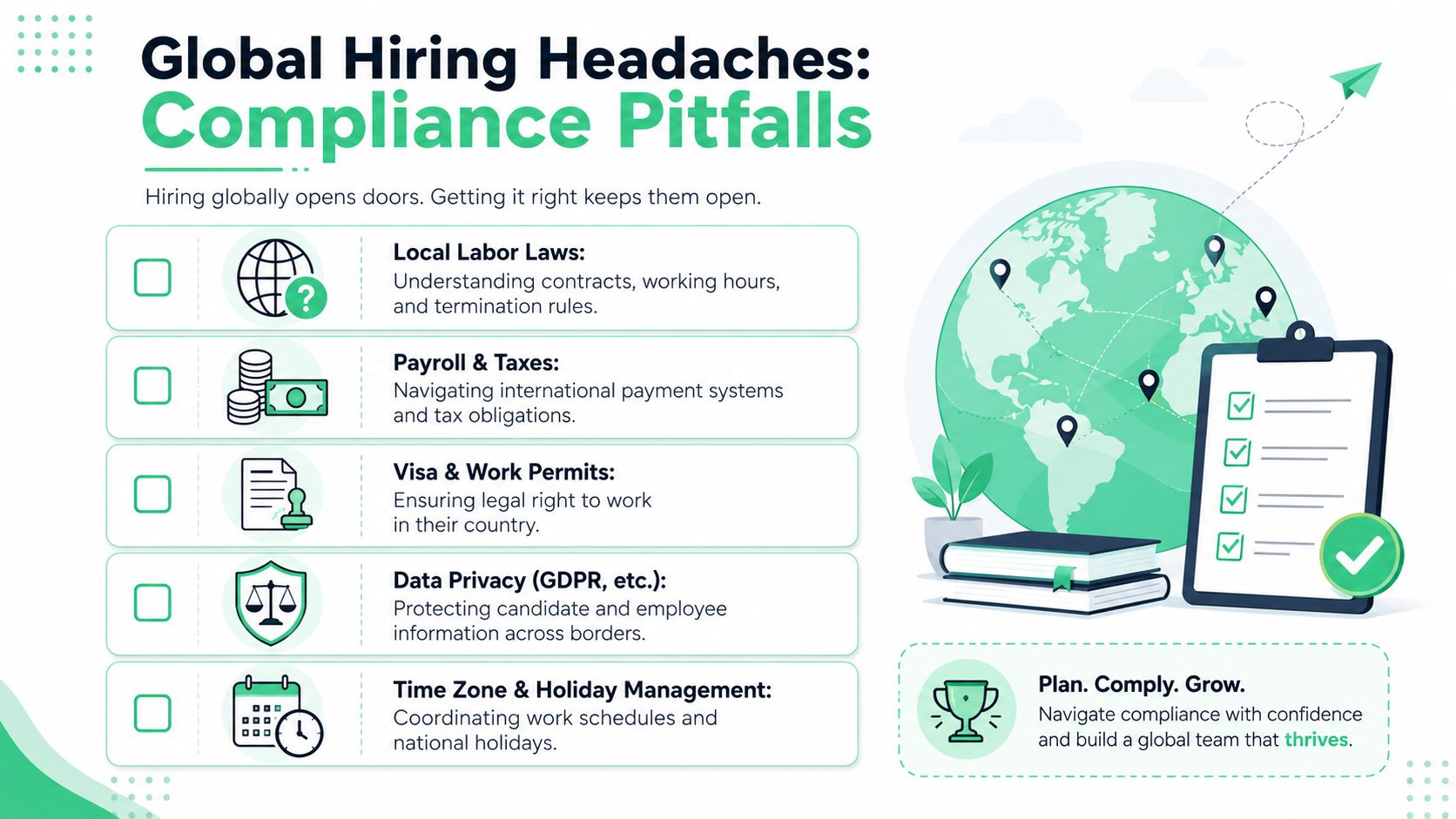 An infographic titled Global Hiring Headaches illustrating common compliance pitfalls like labor laws, taxes, and data privacy.