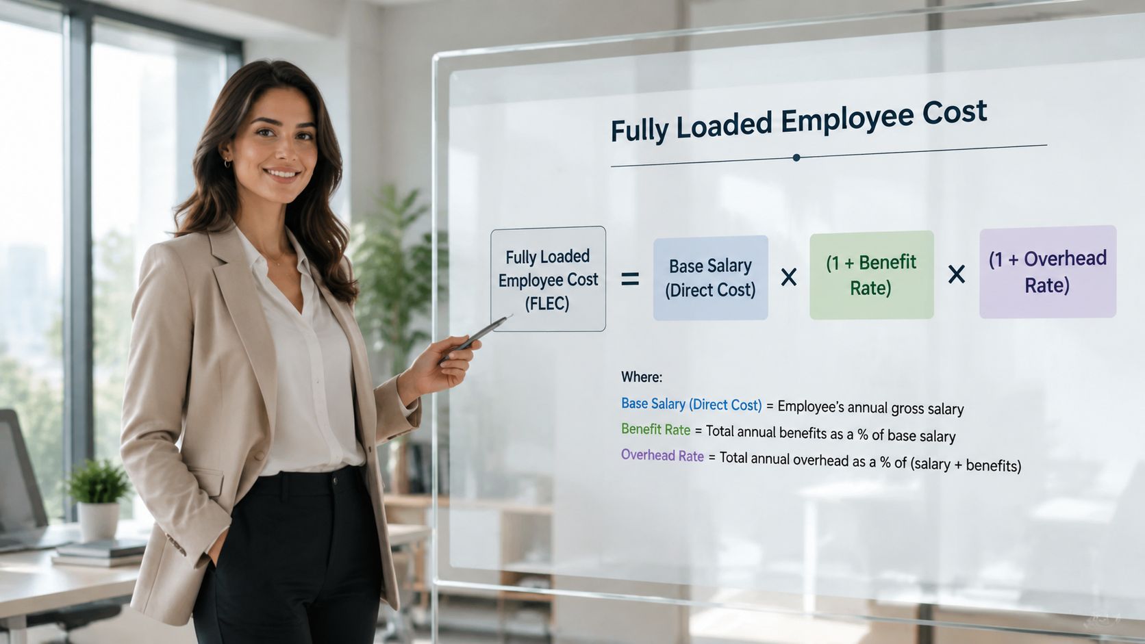 A professional woman presenting the formula for calculating fully loaded employee cost on a glass board.