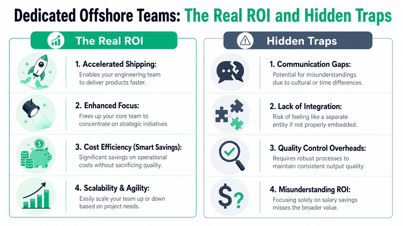 An infographic comparing the benefits and challenges of hiring dedicated offshore software development teams.