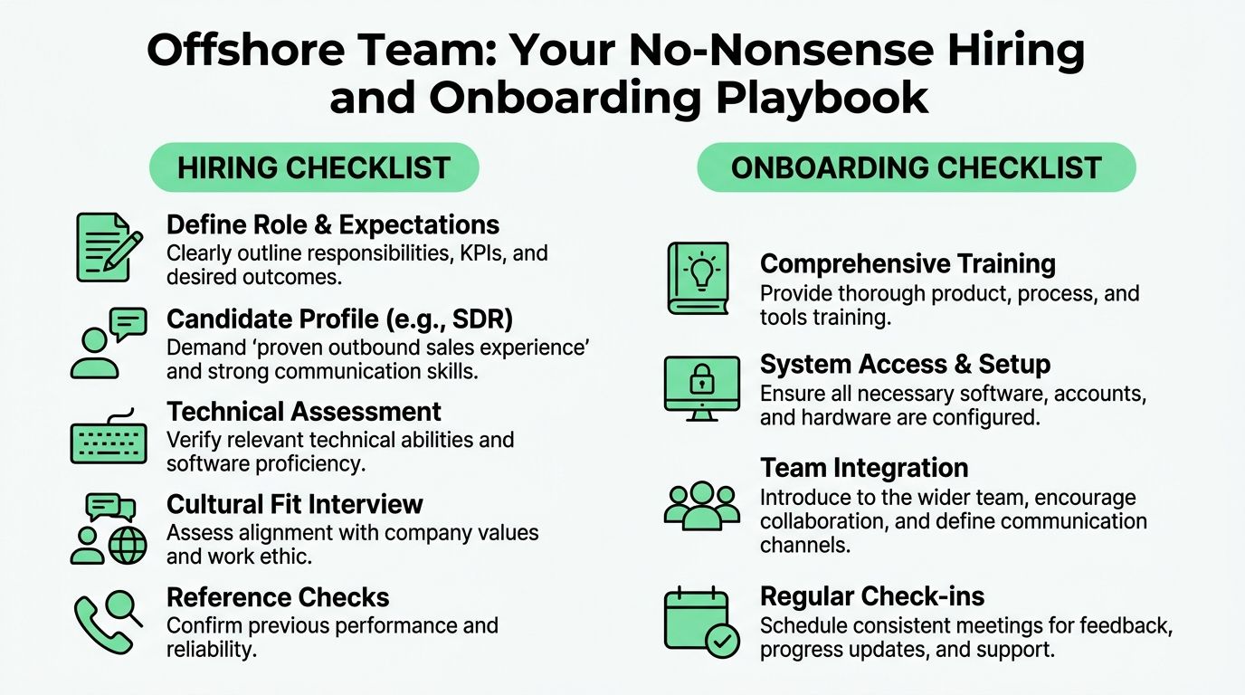 An infographic titled Offshore Team Hiring and Onboarding Playbook featuring checklists for hiring and training new employees.