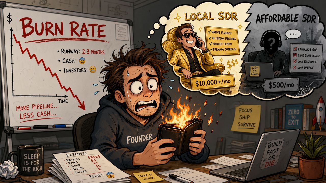 A stressed startup founder looking at a burning wallet while considering expensive local versus ineffective affordable SDRs.