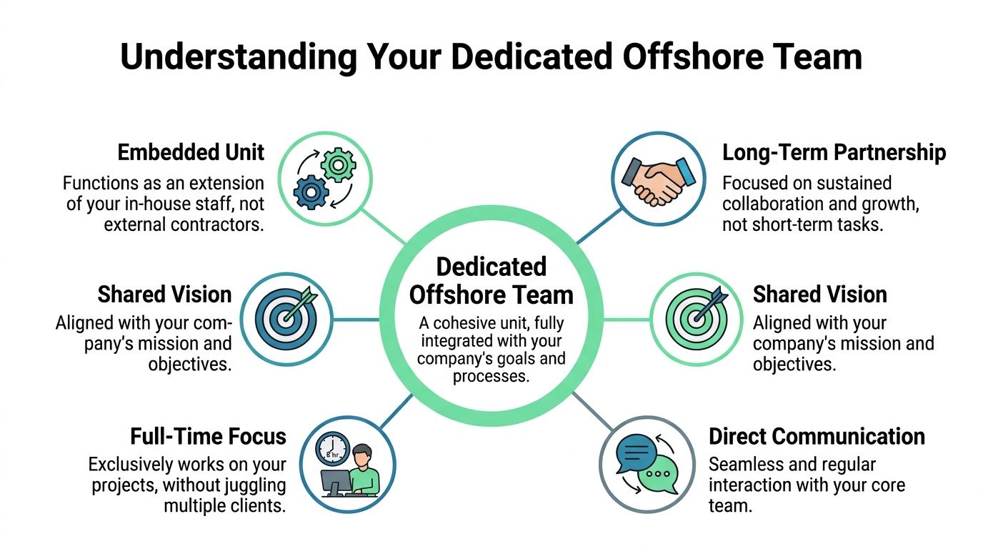 A diagram explaining the key benefits and characteristics of a dedicated offshore team for business growth.