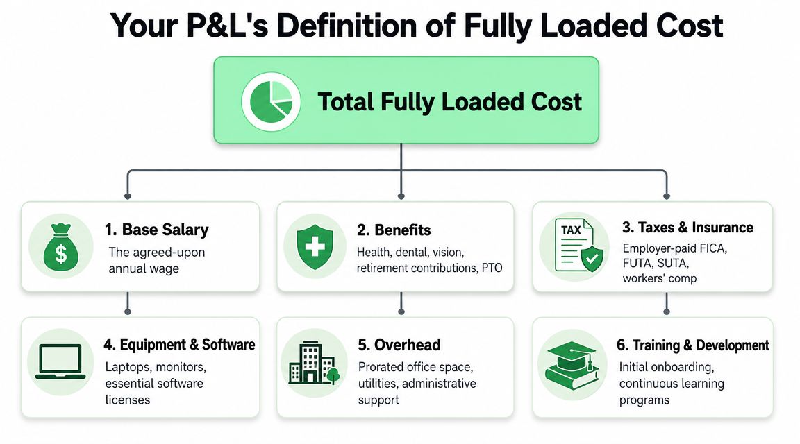 A flowchart detailing the six components that make up the total fully loaded cost for employees.