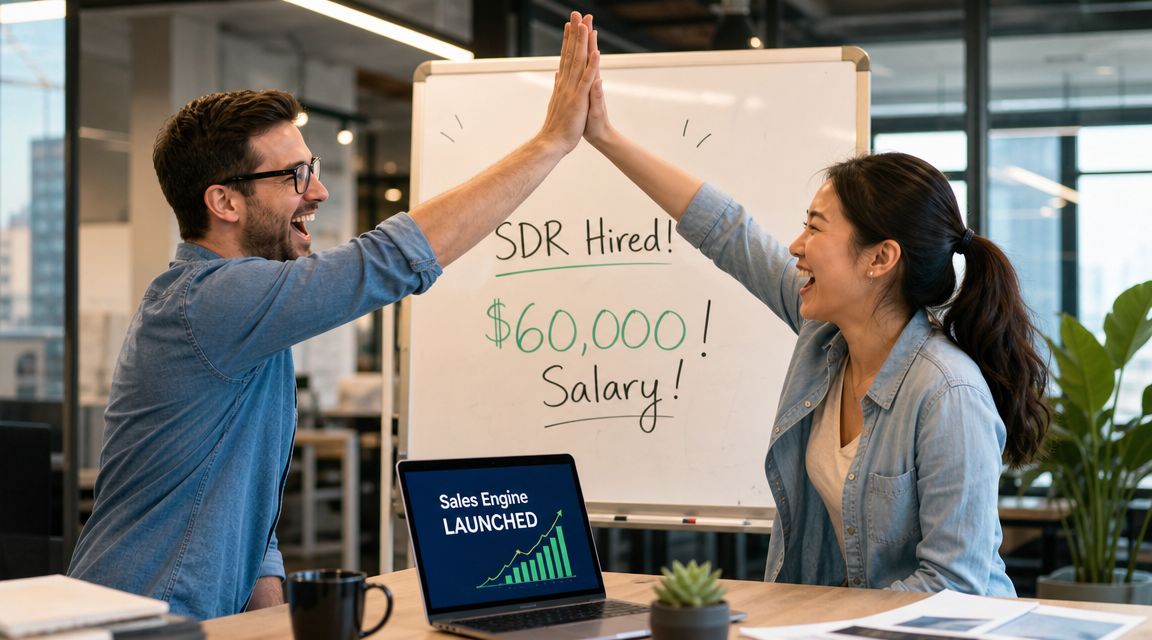 A man and a woman celebrating a new hire with a high five in a modern office.