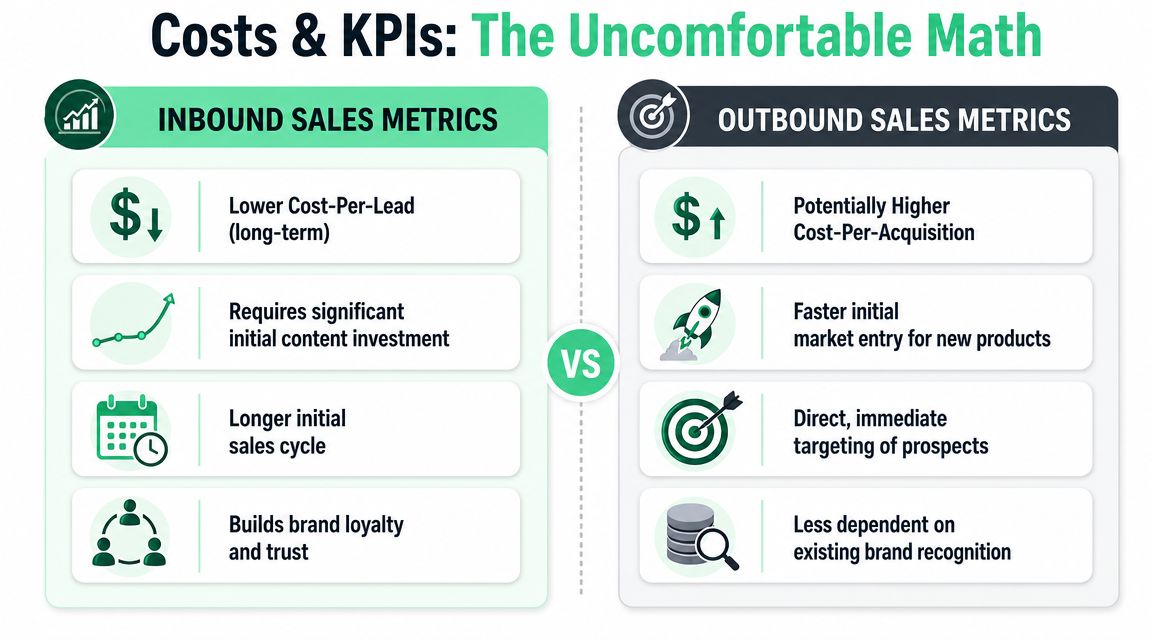 A comparison chart showing the key differences between inbound and outbound sales metrics and strategies.