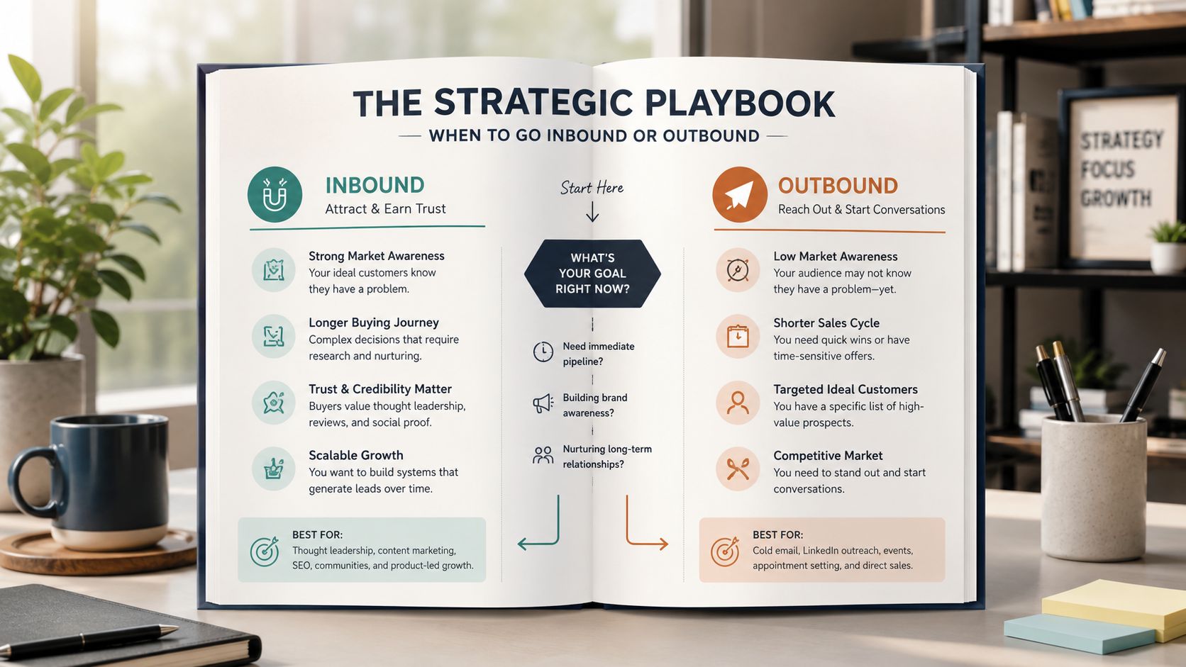 A diagram comparing inbound and outbound marketing strategies to help businesses choose the right approach for growth.