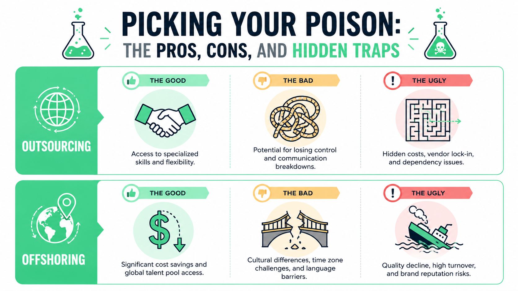 A comparative infographic illustrating the pros, cons, and hidden traps of outsourcing versus offshoring business strategies.