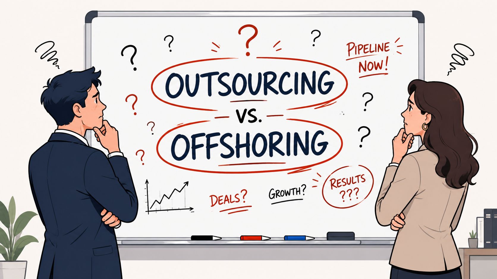 A professional man and woman standing before a whiteboard debating the business difference between outsourcing and offshoring.