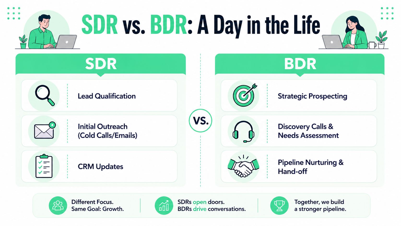 A comparison chart showing the differences between SDR and BDR roles in sales and business development.