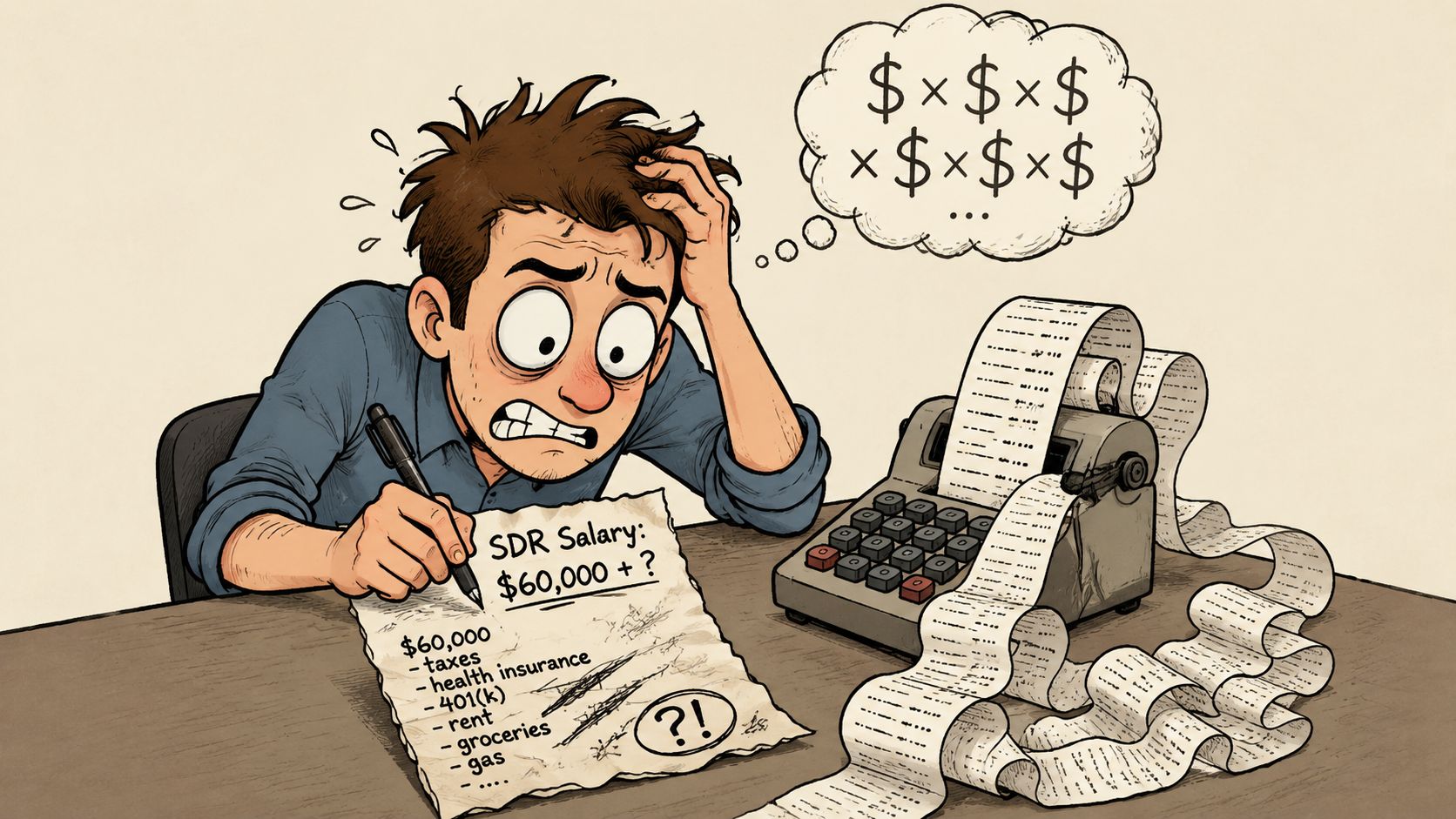 A stressed man calculating his budget and expenses on paper next to a long calculator tape.