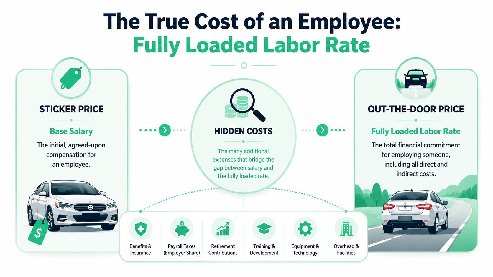 An infographic showing the components of a fully loaded labor rate versus an employee base salary.