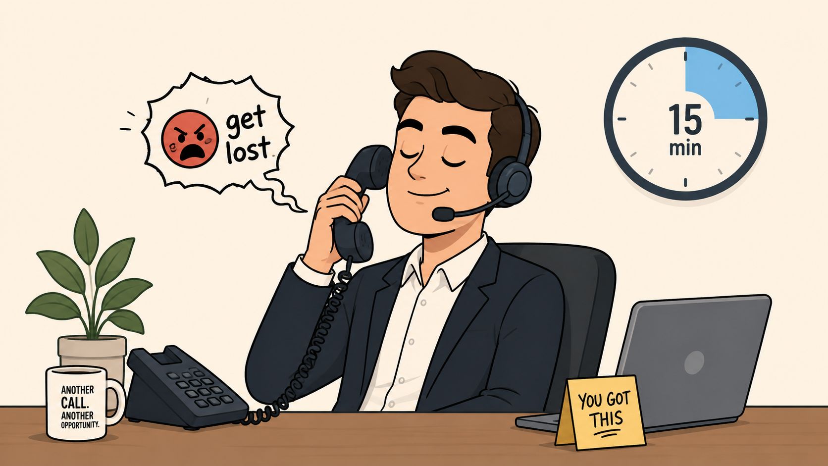 A professional telemarketer remains calm while receiving a rude call during his work shift.