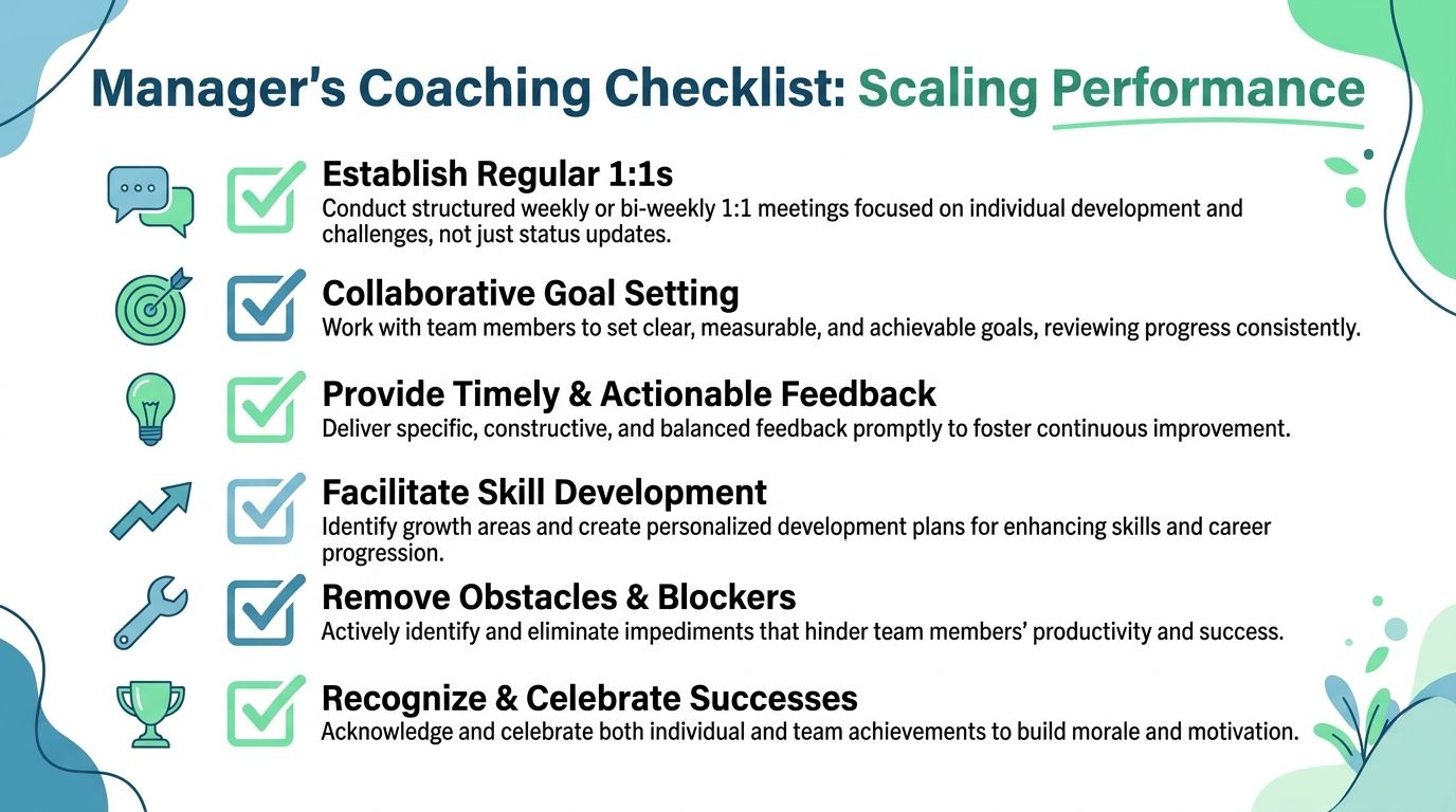 A manager's coaching checklist for scaling performance, featuring six key steps for developing team members effectively.