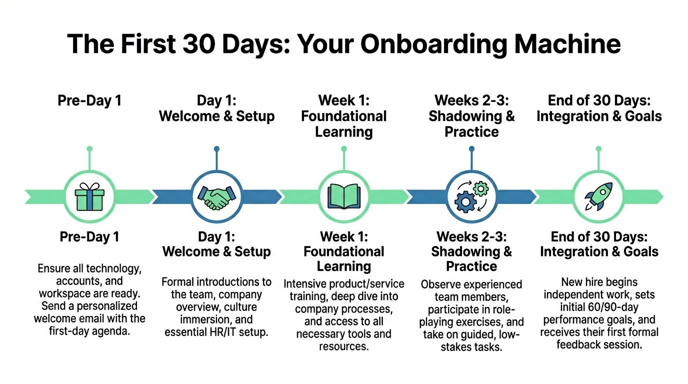 A timeline infographic detailing the five key stages of an effective employee onboarding process over 30 days.