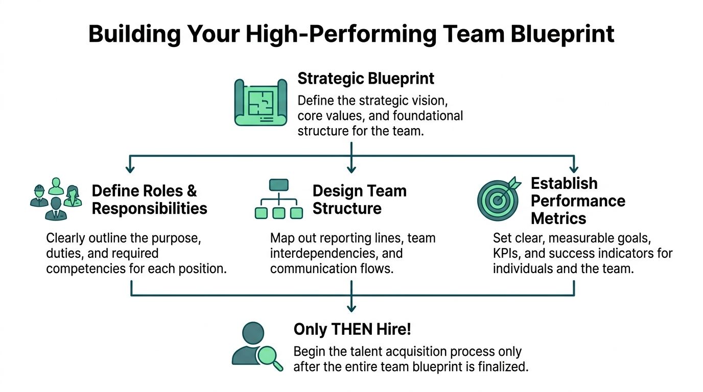 A flowchart infographic outlining the steps to build a high-performing team starting with strategic planning.