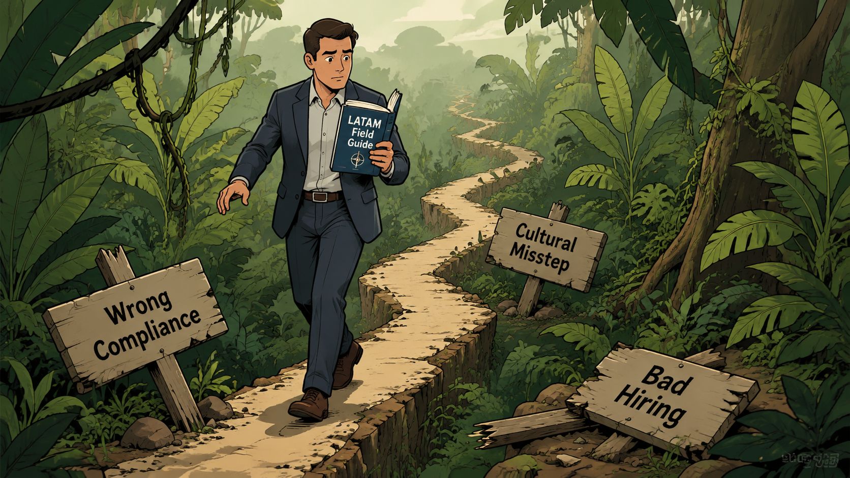 A businessman walking through a jungle path while consulting a LatAm field guide to avoid business pitfalls.