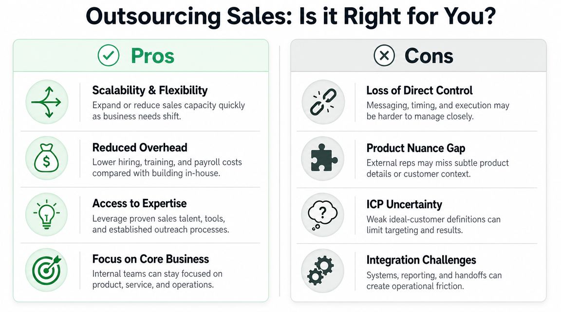 A comparison chart outlining the pros and cons of outsourcing sales for a business strategy.