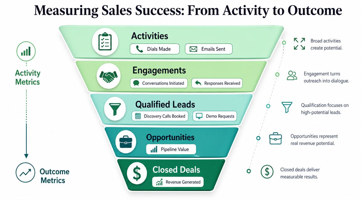 A funnel diagram illustrating the sales process from initial activities to final closed deal outcomes.