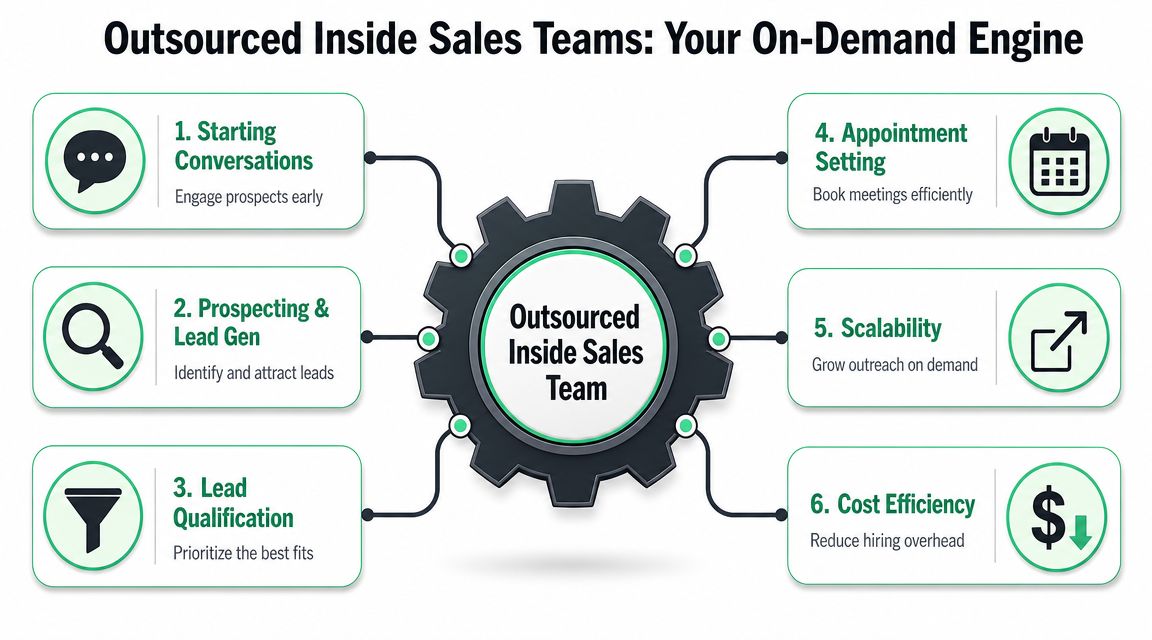 A diagram illustrating the six key benefits and functions of an outsourced inside sales team engine.