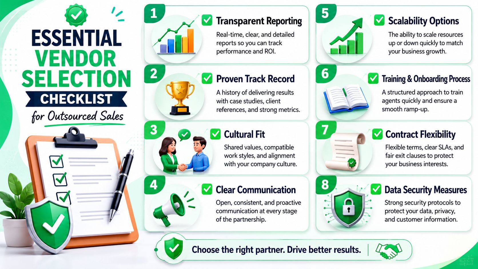 An infographic checklist for selecting outsourced sales vendors, highlighting eight key criteria for business success.