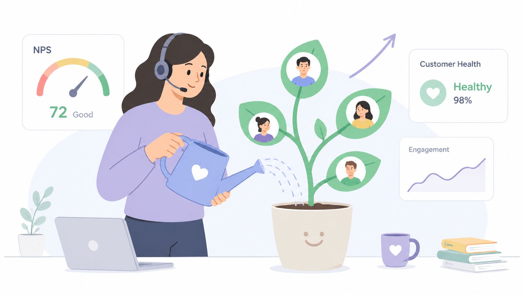 A customer success manager watering a plant representing customer growth and engagement with positive performance metrics.
