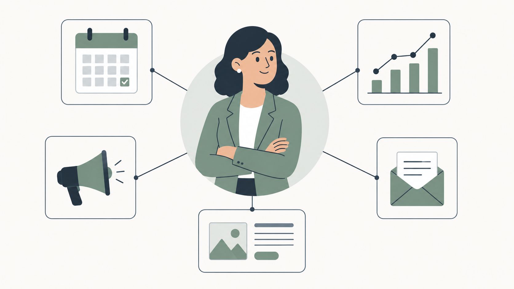 A professional woman centered among marketing task icons including a calendar, data chart, megaphone, email, and post.