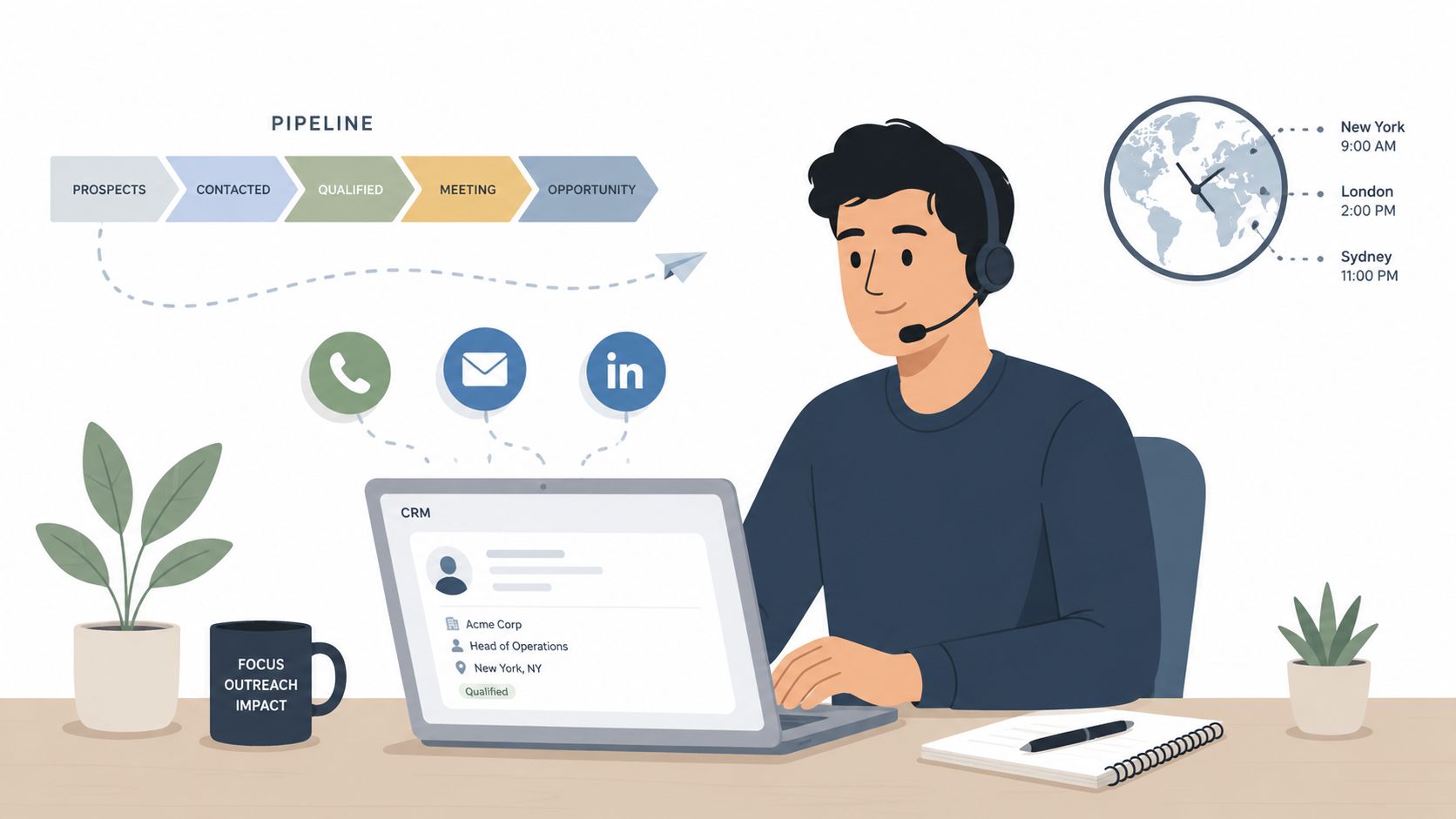 A professional working on a laptop managing sales pipeline leads with CRM tools and global time zones.