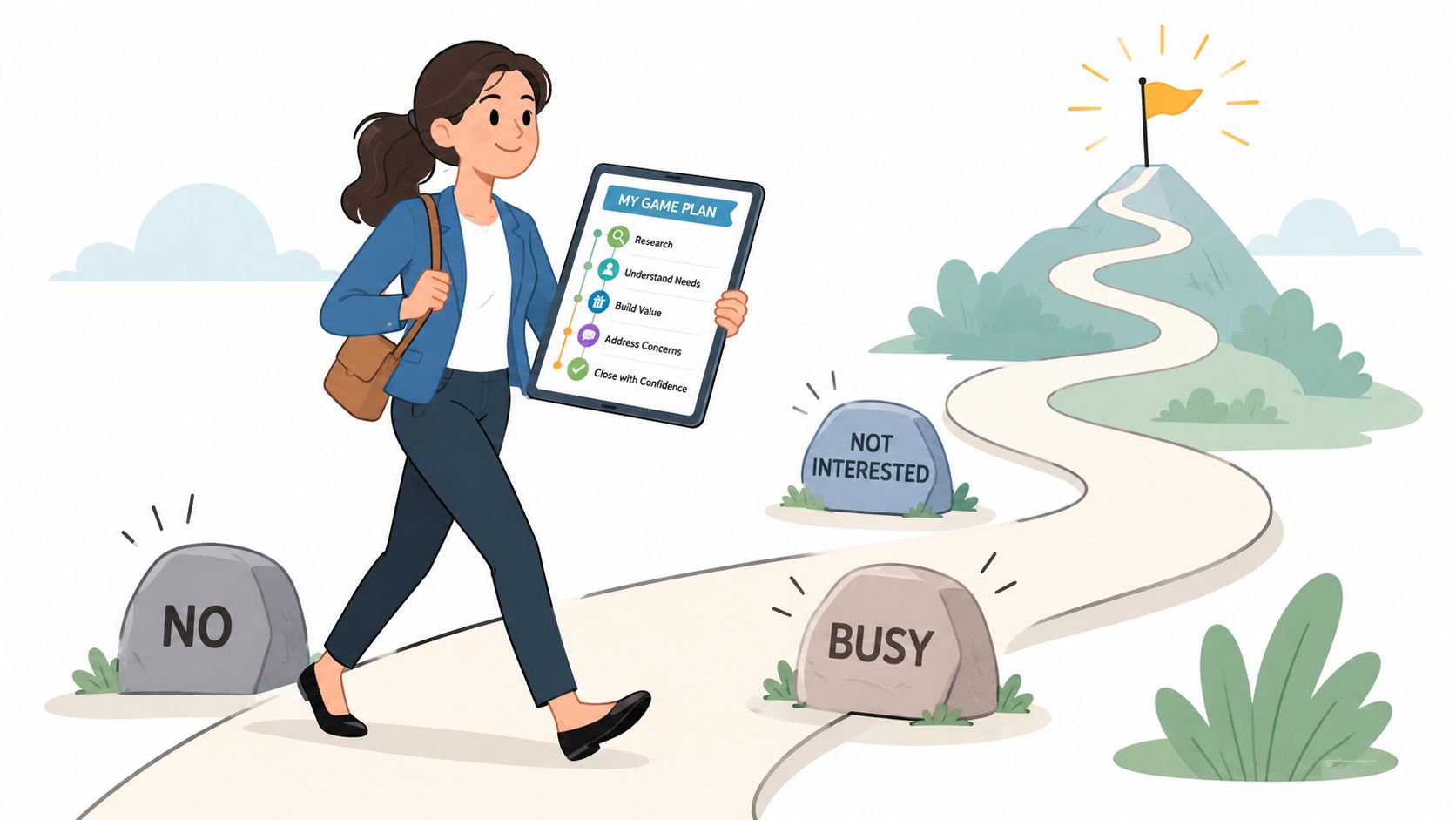 A professional woman walking toward a mountain goal while navigating around stones labeled with sales objections.
