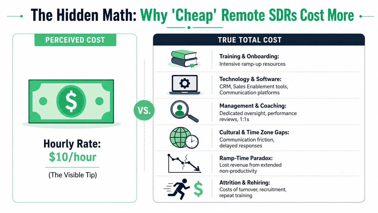 An infographic comparing the low hourly rate of remote SDRs against the hidden total costs involved.