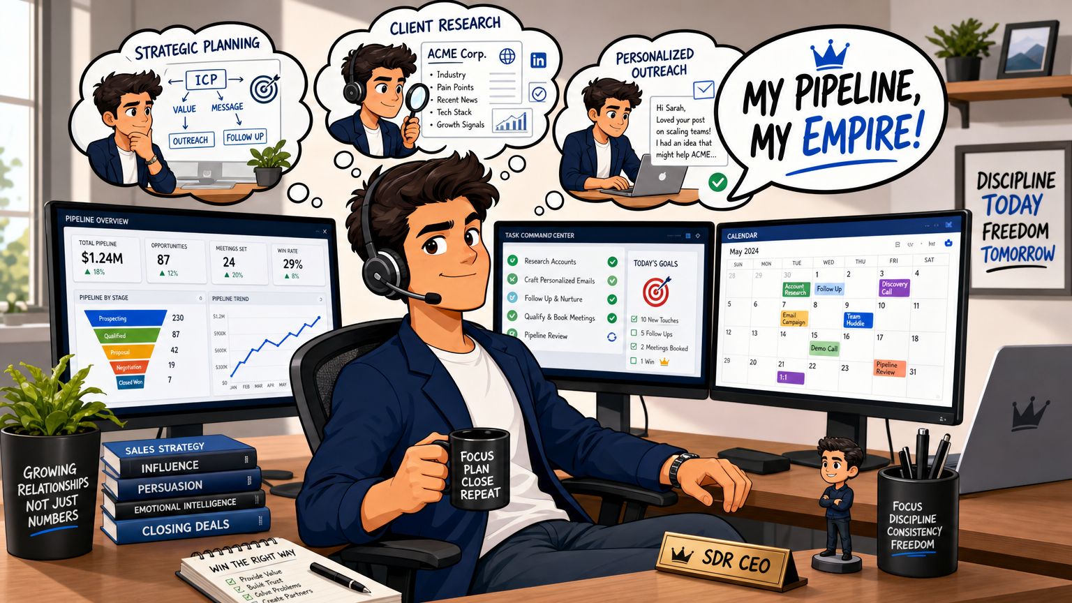 A cartoon remote sales development representative sits at a desk managing a digital sales pipeline and calendar.