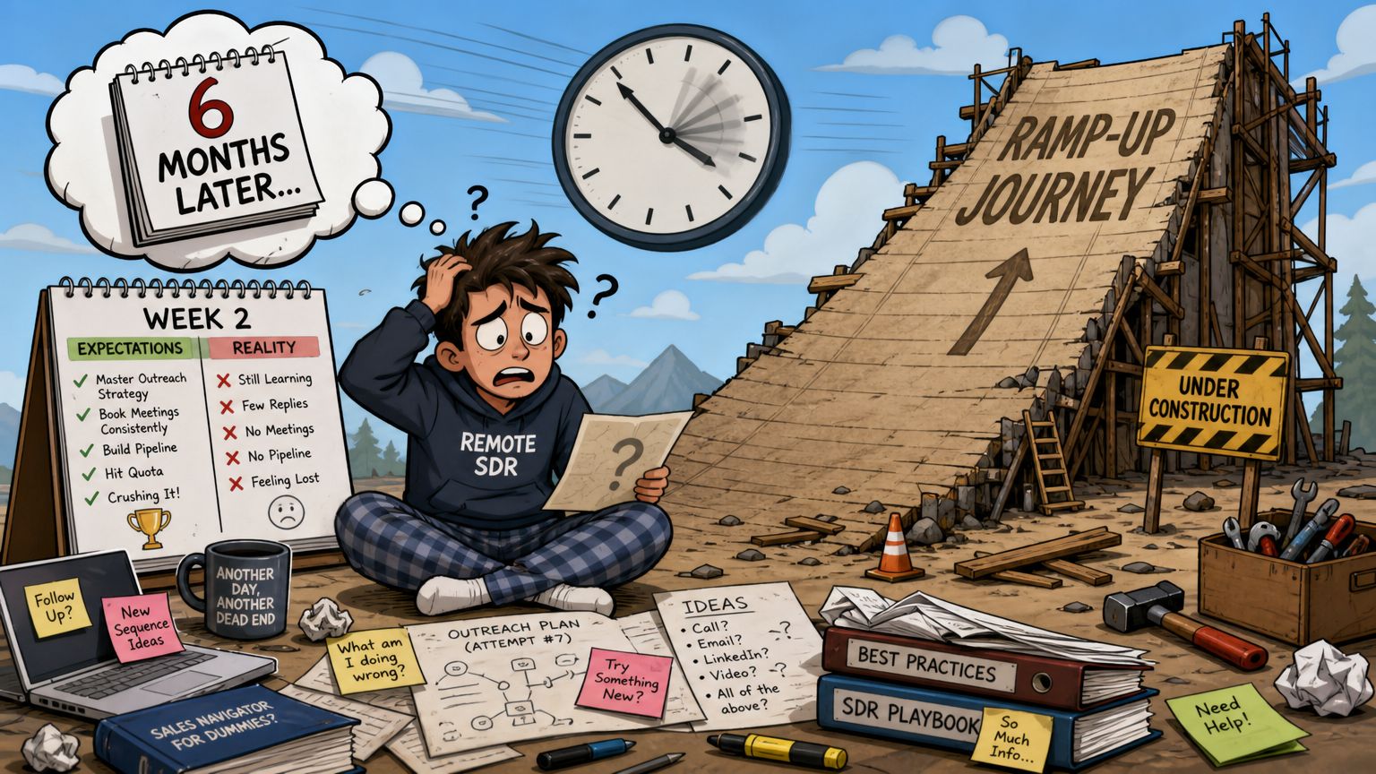 A confused remote sales development representative sits on the floor struggling with their overwhelming career growth ramp-up.