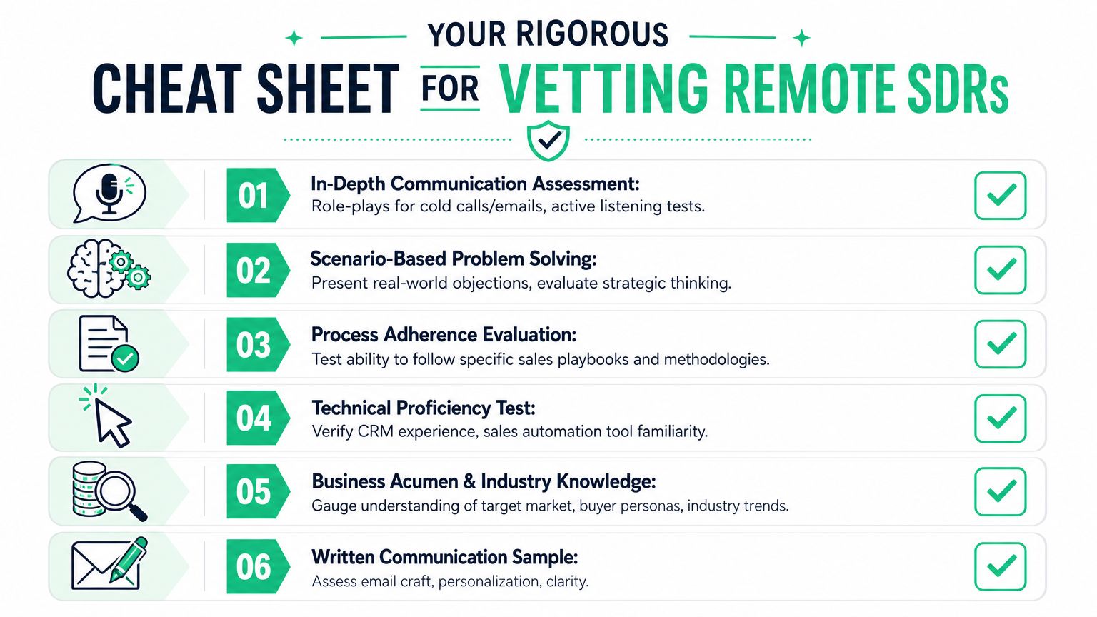 A checklist infographic outlining six essential steps for vetting and evaluating remote sales development representatives.
