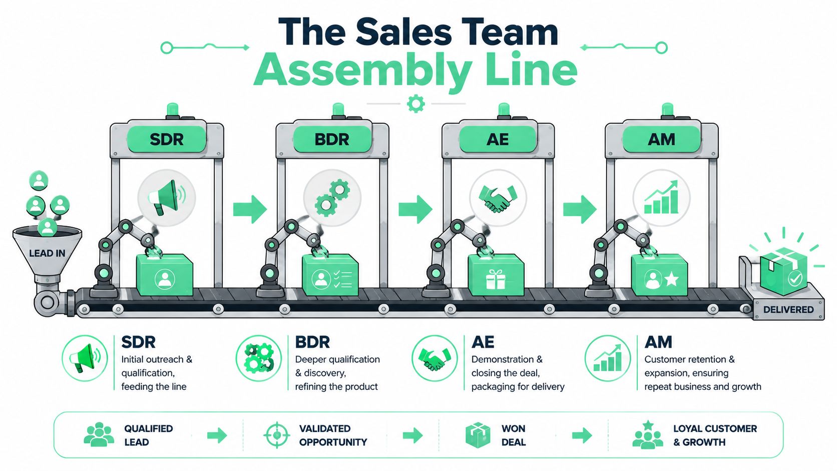 A flowchart diagram illustrating the sales team assembly line with four specific roles and their workflow stages.