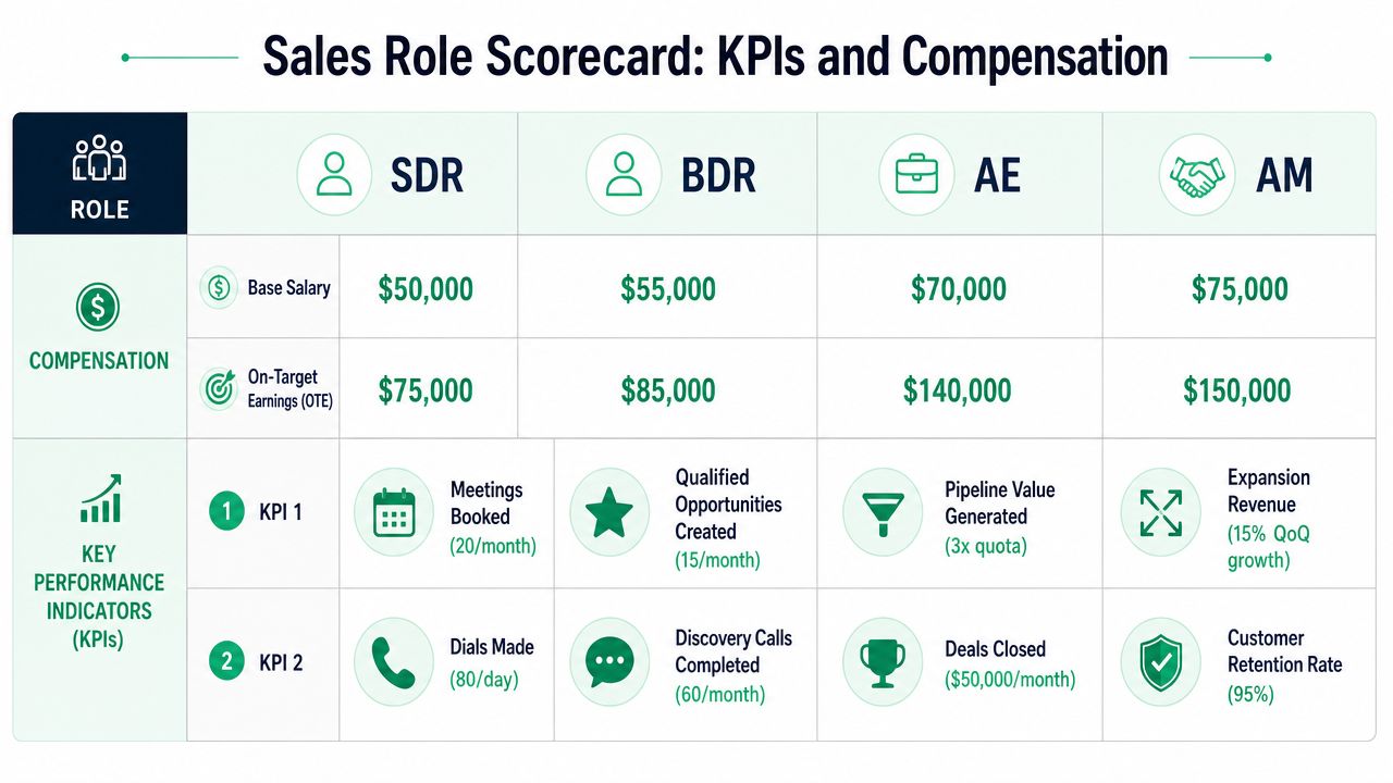A scorecard table comparing compensation and key performance indicators for four different sales roles in an organization.