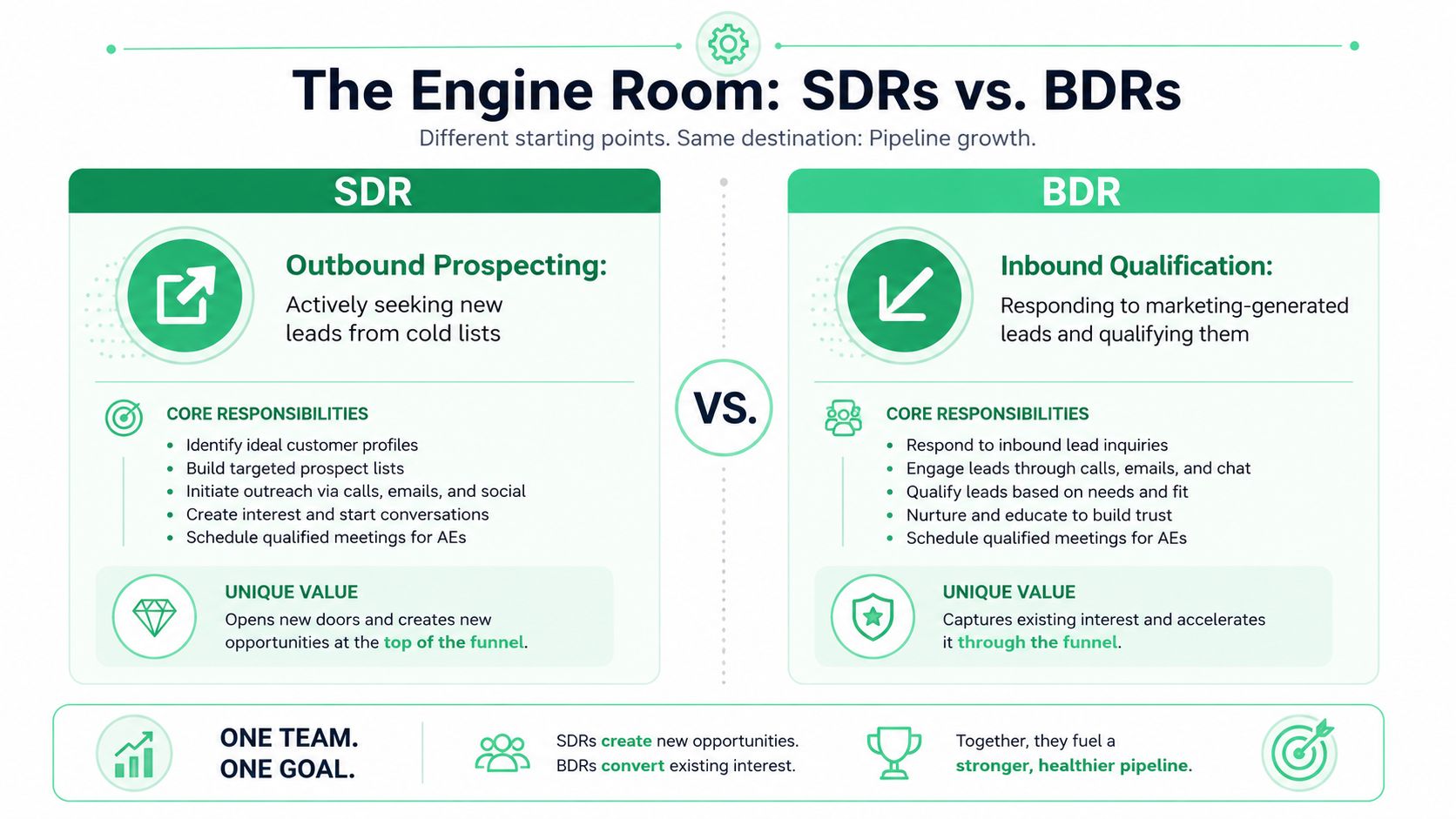 A comparison chart outlining the distinct roles and responsibilities of SDRs and BDRs in sales.