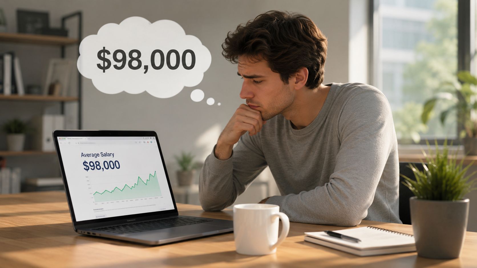 A pensive young man sitting at a desk looking at a laptop screen displaying salary data.