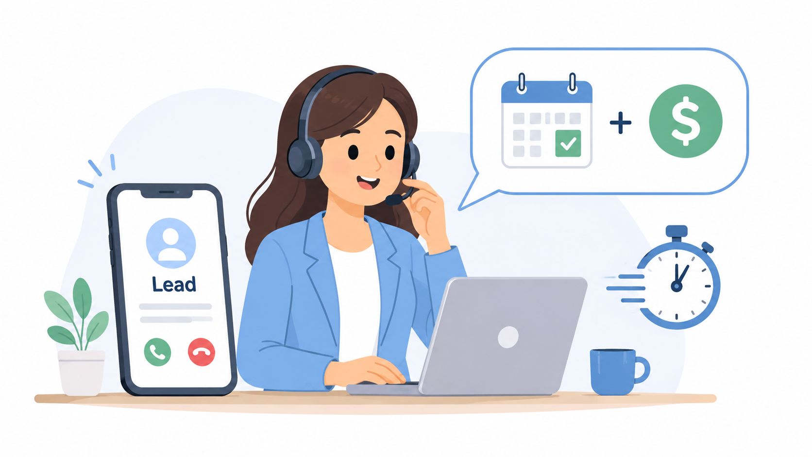 A professional woman wearing a headset at a desk managing leads, scheduling, and earning money.
