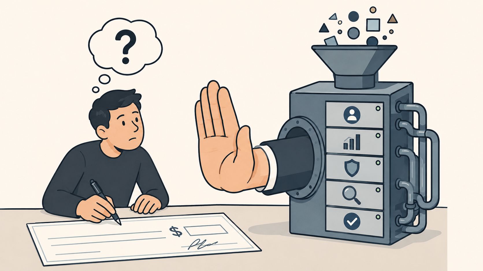 A person writing a check while a machine arm blocks them, symbolizing challenges in business process outsourcing.