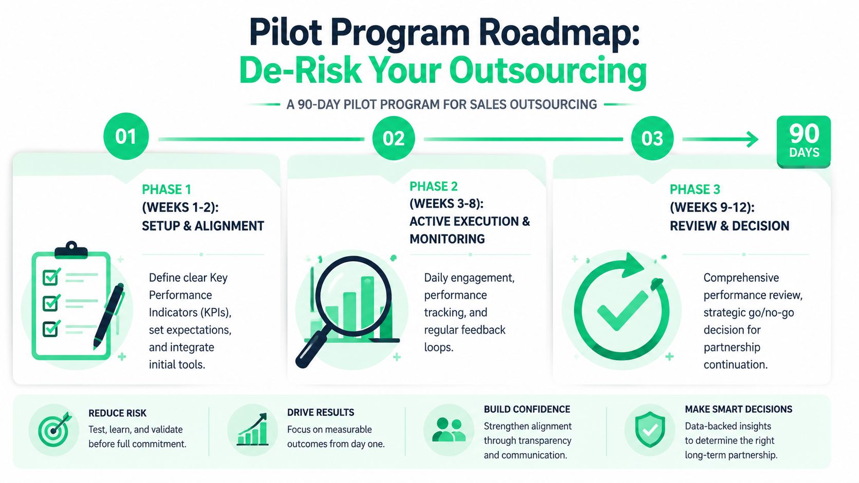 A roadmap for a 90-day sales outsourcing pilot program detailing three phases of setup, execution, and review.
