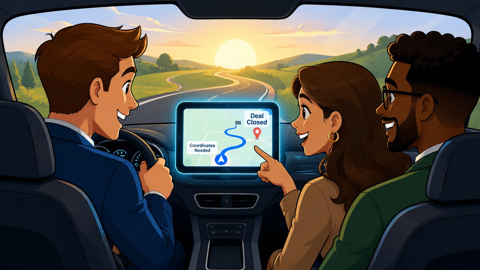A professional team in a car looking at a navigation screen displaying deal closed destination.