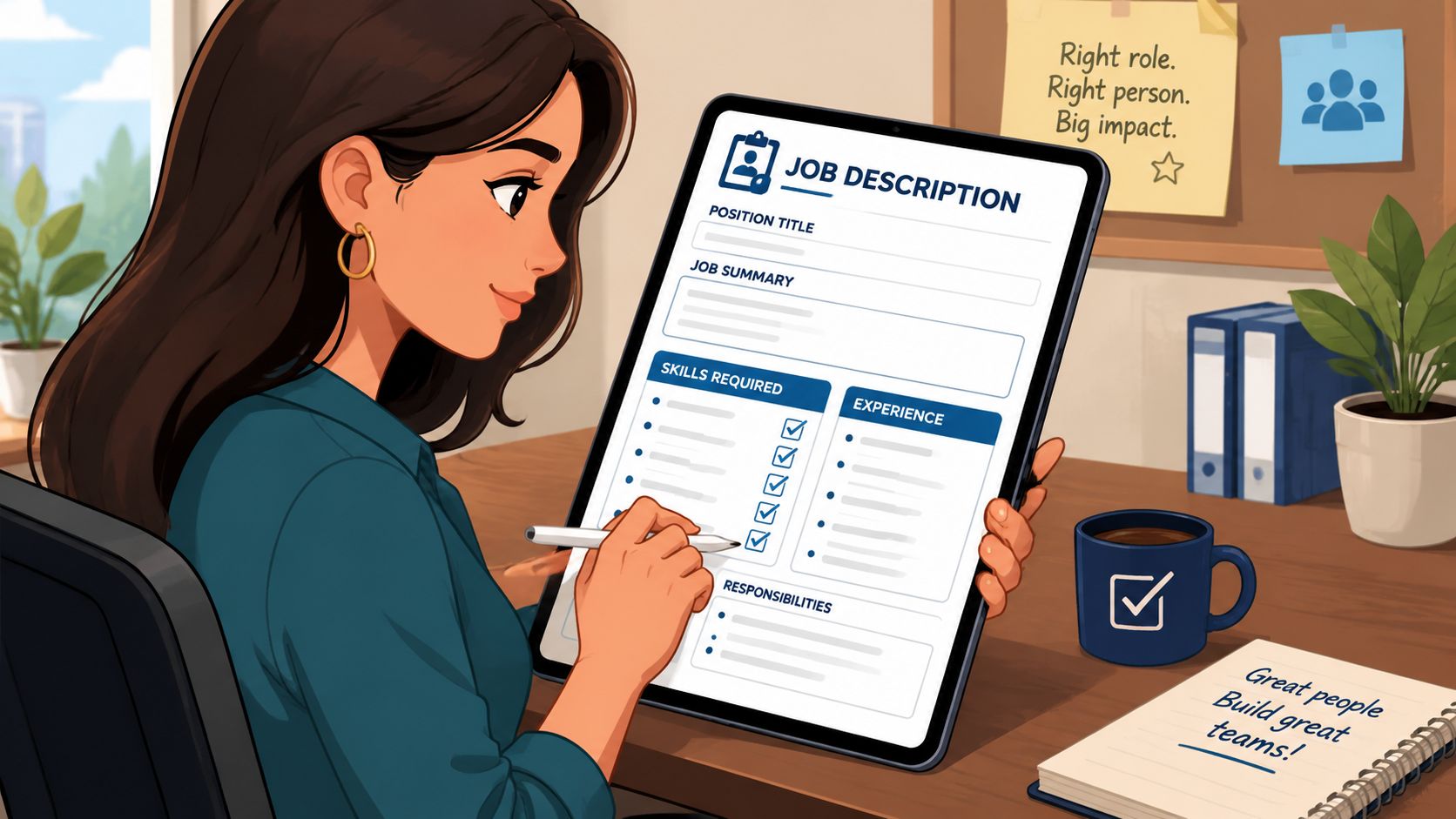 A professional woman reviewing a skills-based job description on a digital tablet at her desk.