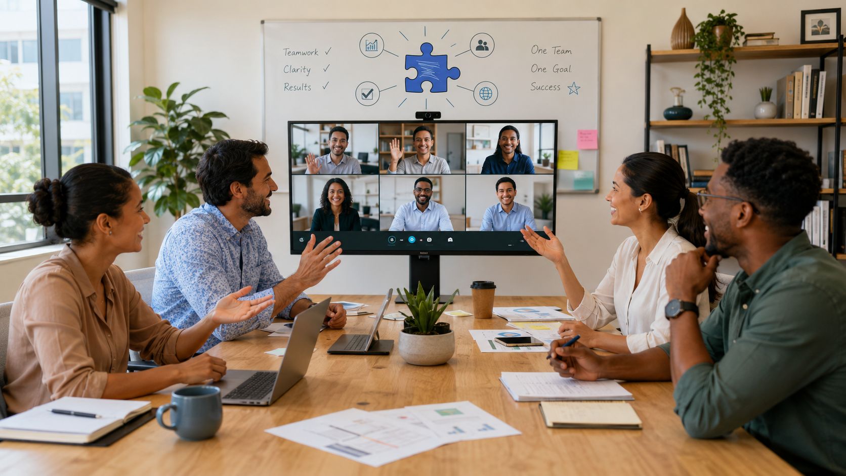 A professional team in a conference room having a collaborative hybrid meeting with remote colleagues on screen.